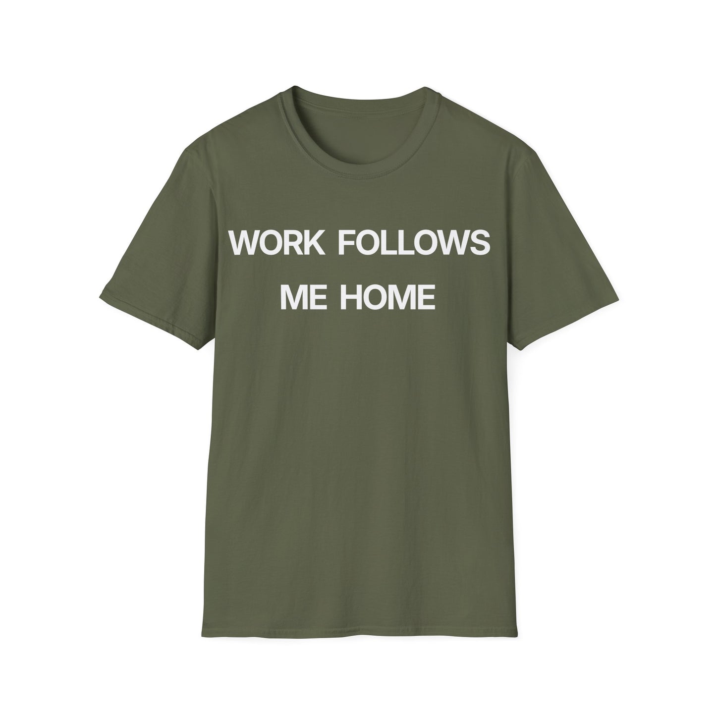 Sport Grey work burnout t-shirt reading "WORK FOLLOWS ME HOME"