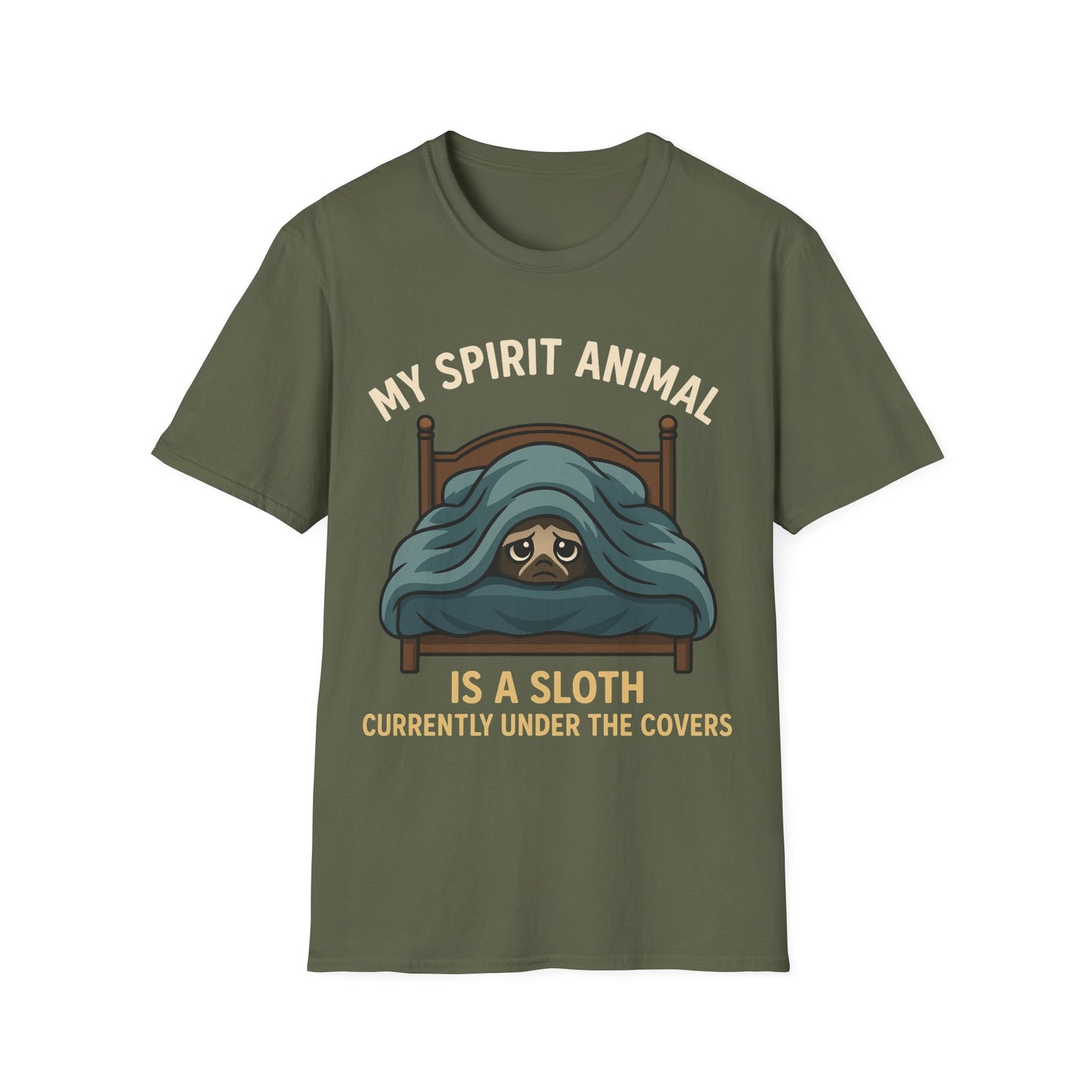 Navy life sarcasm t-shirt reading "MY SPIRIT ANIMAL IS A SLOTH CURRENTLY UNDER THE COVERS"