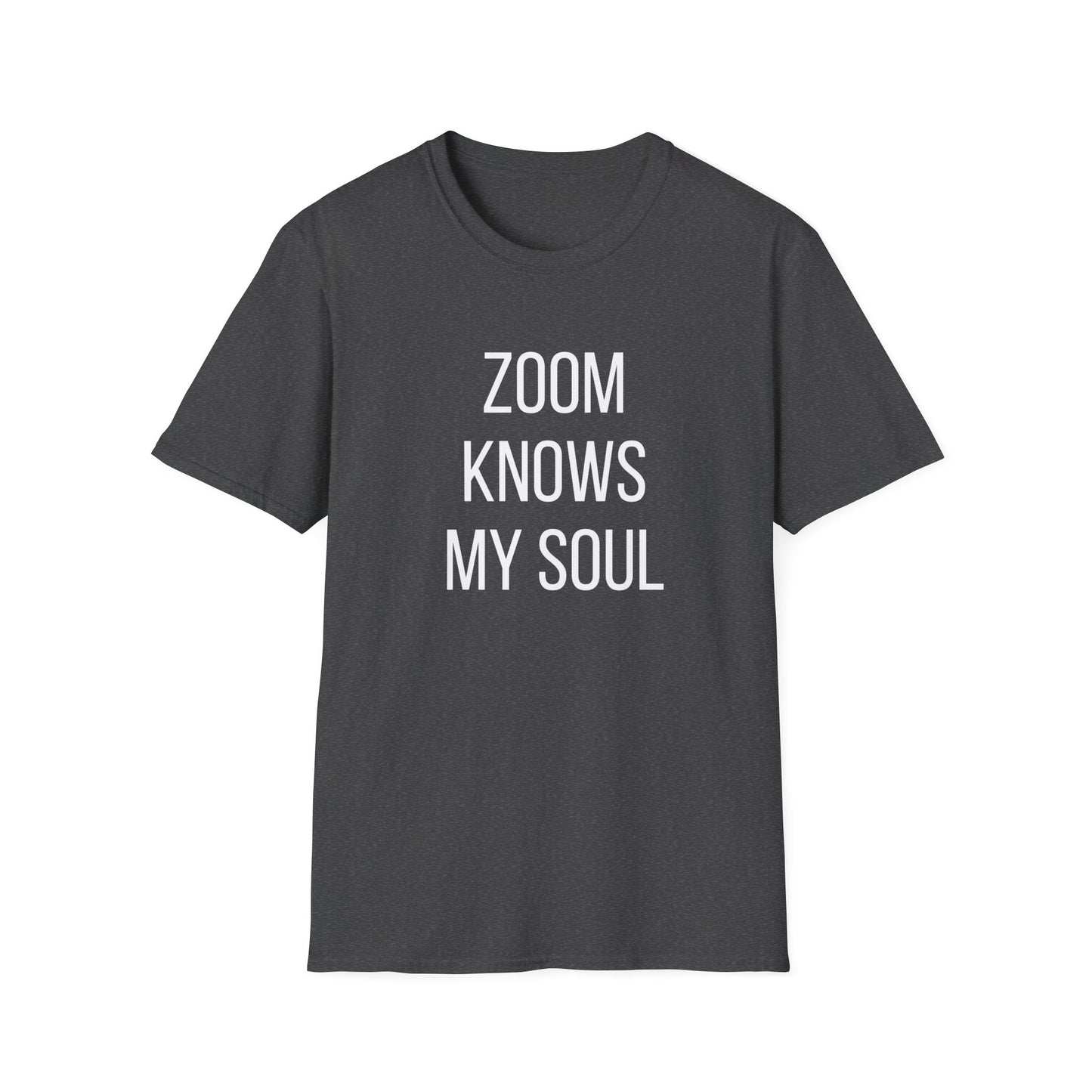 Black meeting humor t-shirt reading "ZOOM KNOWS MY SOUL"