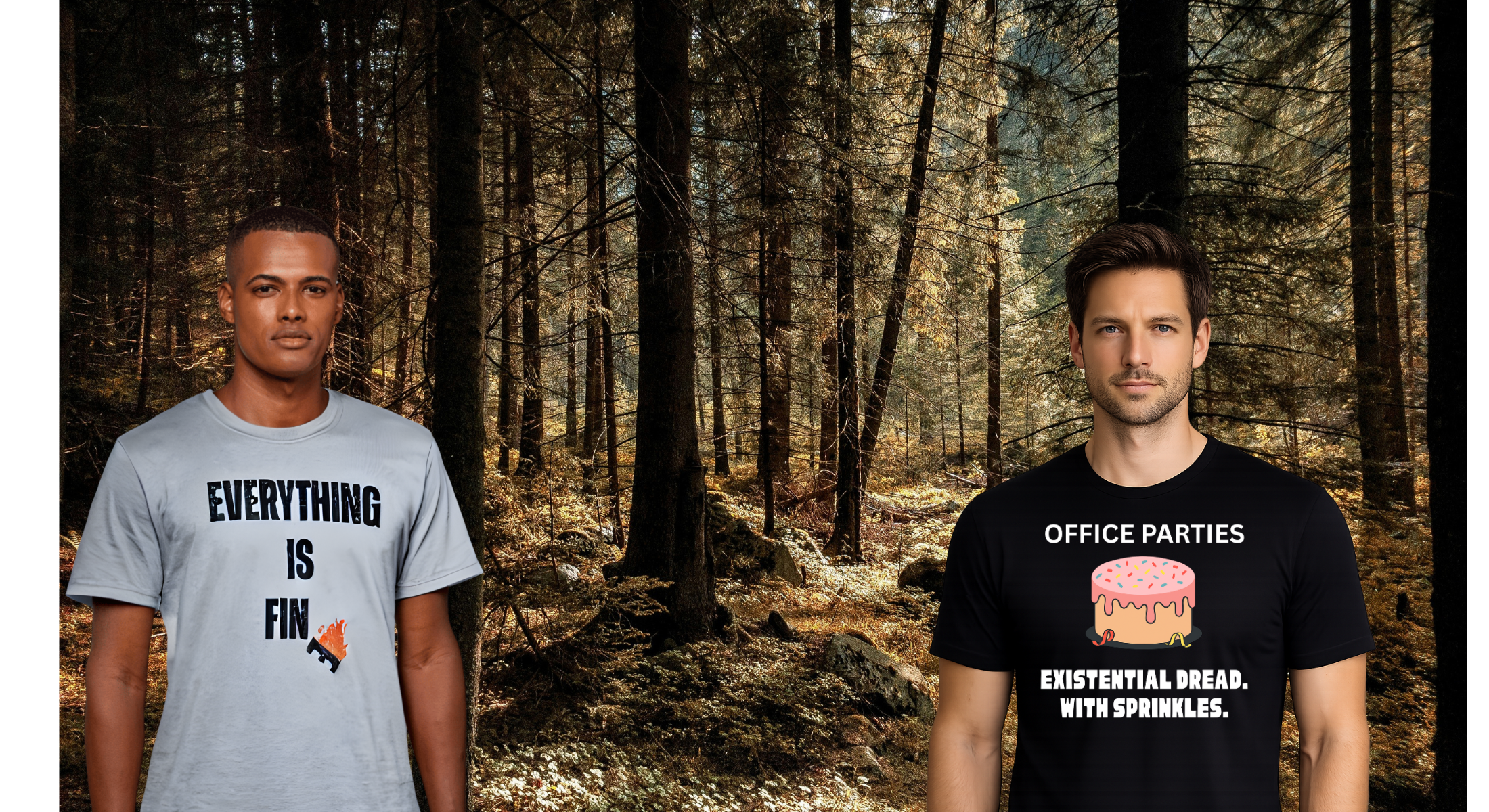 Two men wearing t-shirts with humorous text in a forest setting